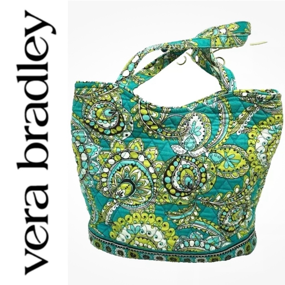 Vera Bradley Peacock Pattern Teal Green & Chartreuse Shoulder and Tote Bag EUC